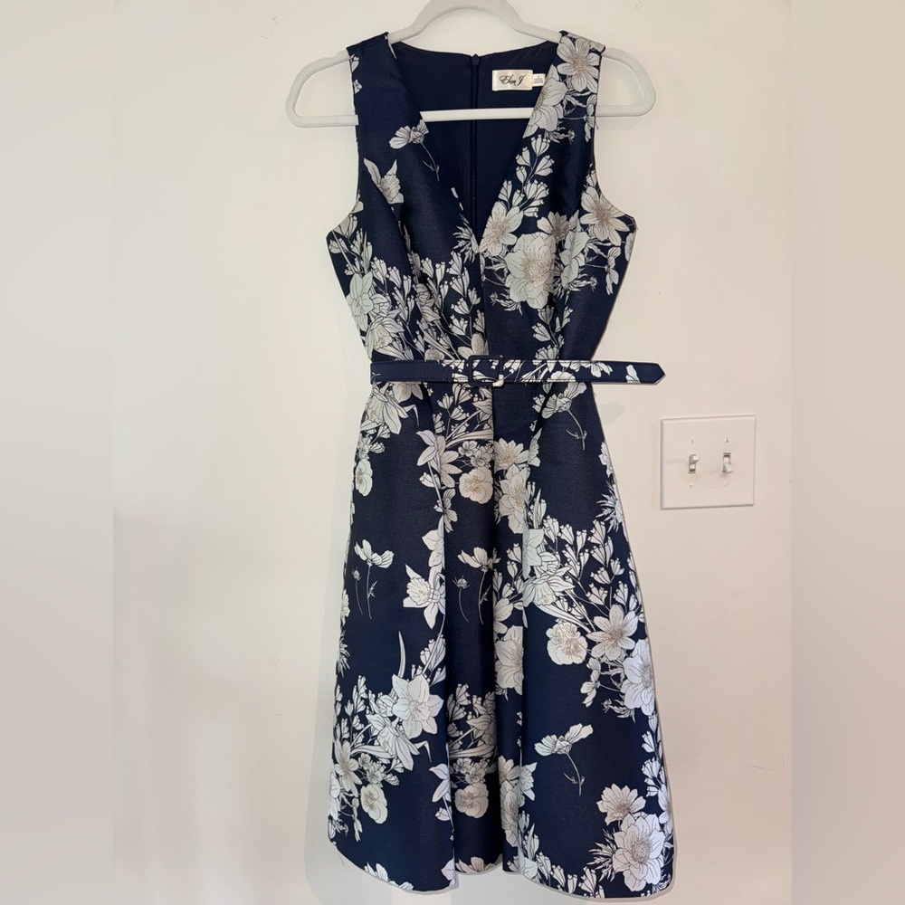 Eliza J Blue and White Sleeveless V-Neck Midi Dress